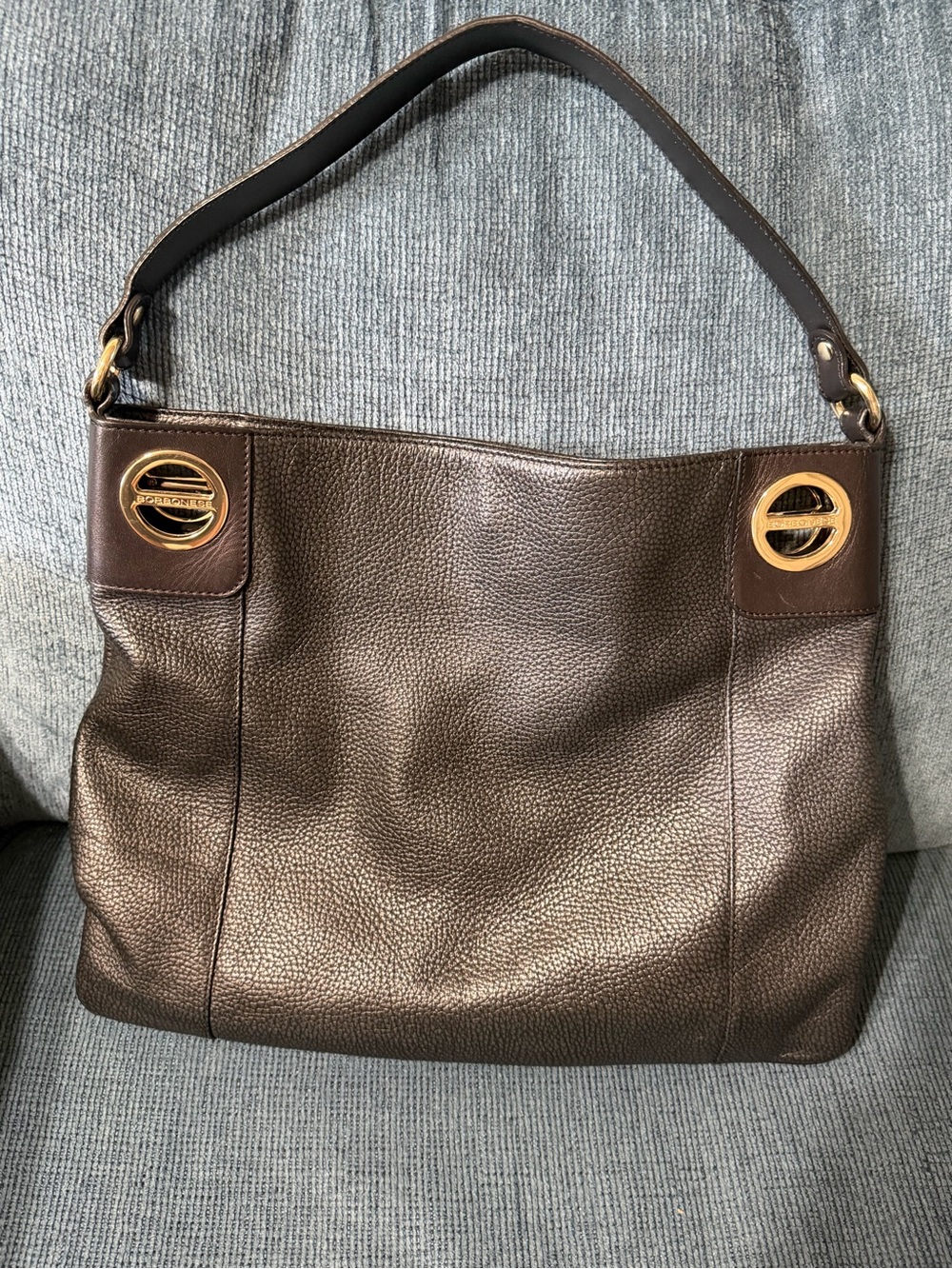 Pebbled Leather Shoulder Bag with Gold Accent - Brown